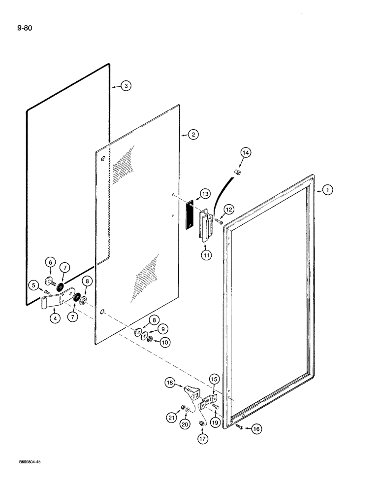 Схема запчастей Case 721 - (9-080) - CAB DOOR WINDOW, CABS WITH ALUMINUM LATCHES FOR WINDOW (09) - CHASSIS/ATTACHMENTS