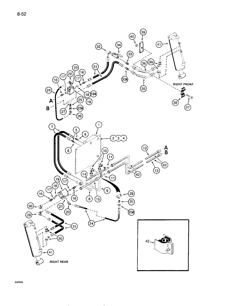 Схема запчастей Case 1086B - (8-052) - OUTRIGGER HYDRAULIC CIRCUIT, FRONT AND REAR - RIGHT SIDE OPTIONAL FOR 1085B - STANDARD FOR1086B (08) - HYDRAULICS