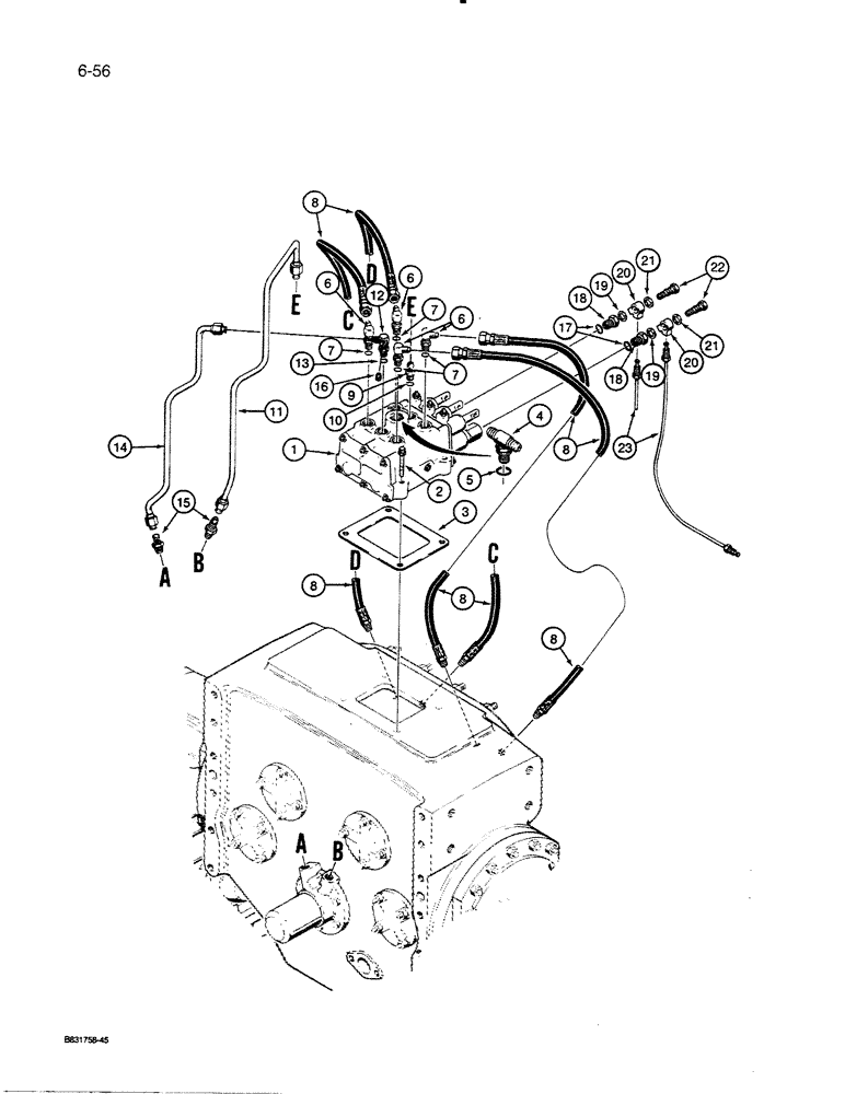 Схема запчастей Case 450C - (6-56) - TRANSMISSION CONTROL VALVE HYDRAULIC LINES, USED THRU P.I.N. 3080911 (06) - POWER TRAIN