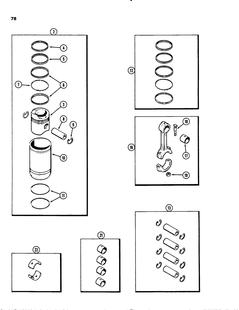 Схема запчастей Case 1845 - (078) - PISTONS, (188) DIESEL ENGINE, PRIOR TO ENGINE SERIAL NO. 2836084, CONNECTING RODS (10) - ENGINE