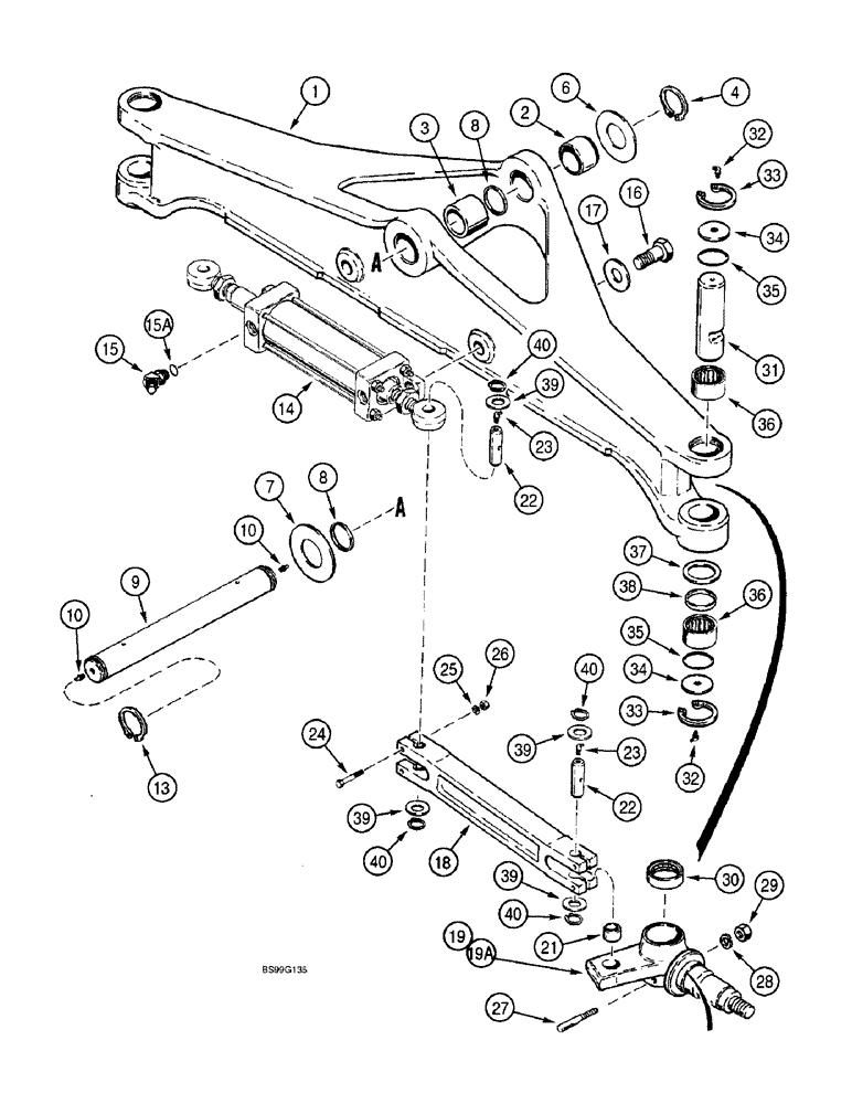 Схема запчастей Case 590SL - (5-14) - FRONT AXLE AND SPINDLES, TWO WHEEL DRIVE MODELS (05) - STEERING