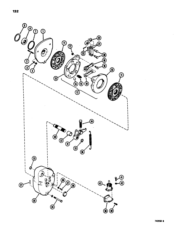 Схема запчастей Case 450 - (132) - TRANSMISSION HYDRAULIC BRAKES, WITH ONE PIECE BRAKE LEVER (03) - TRANSMISSION