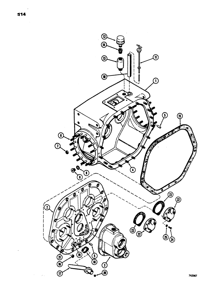 Схема запчастей Case 450 - (114) - TRANSMISSION HOUSING AND FRONT COVERS (03) - TRANSMISSION