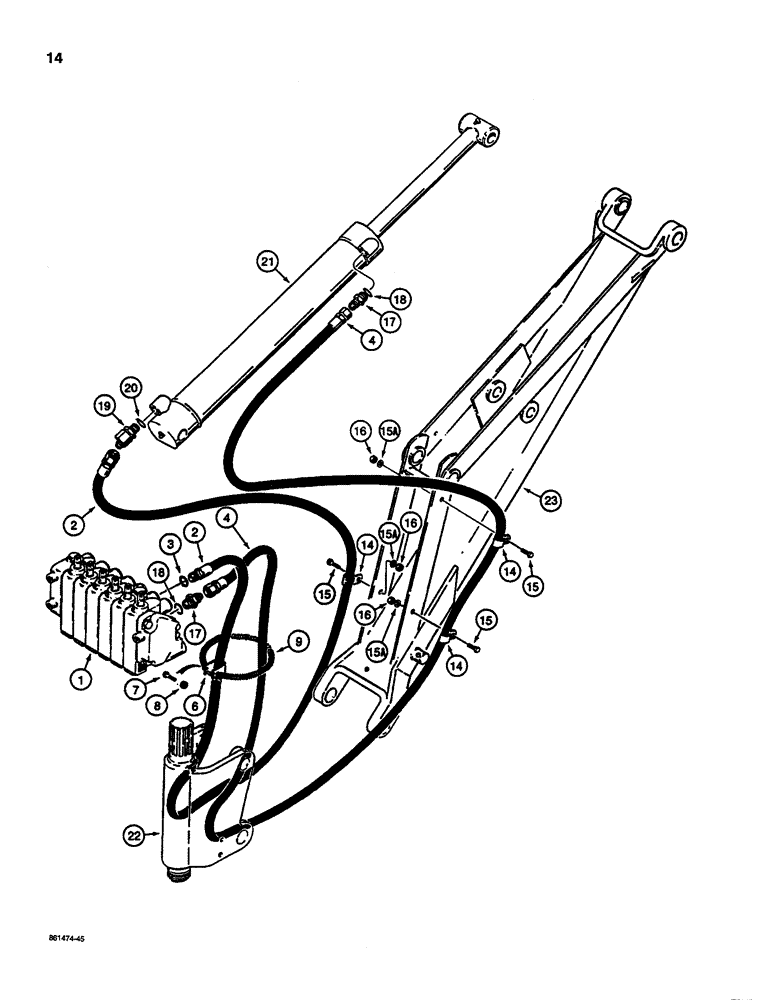 Схема запчастей Case D100 - (8-014) - BACKHOE DIPPER CYLINDER HYDRAULIC CIRCUIT, USED ON 1835C AND 1845C UNI-LOADERS W/ CESSNA VALVE 