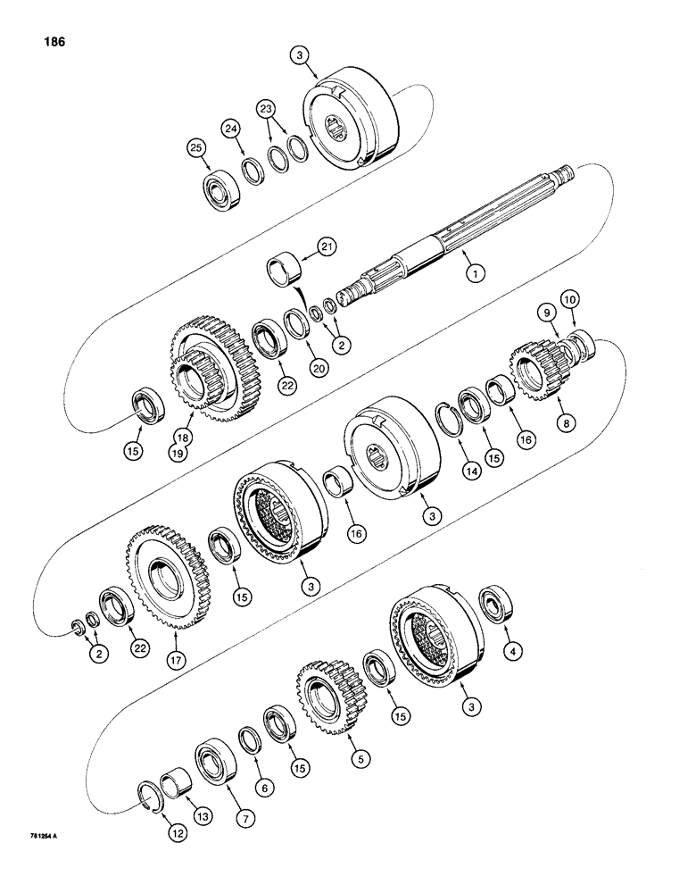 Схема запчастей Case 1150D - (186) - TRANSMISSION LEFT-HAND AND RIGHT-HAND CLUTCH SHAFTS (06) - POWER TRAIN