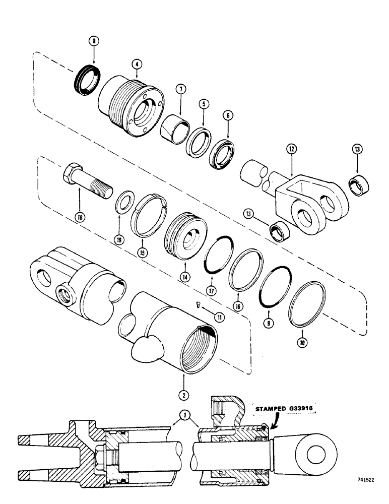 Схема запчастей Case 600 - (096) - G33916 STEERING CYLINDER, GLAND IS STAMPED WITH CYLINDER PART NUMBER (13) - STEERING SYSTEM