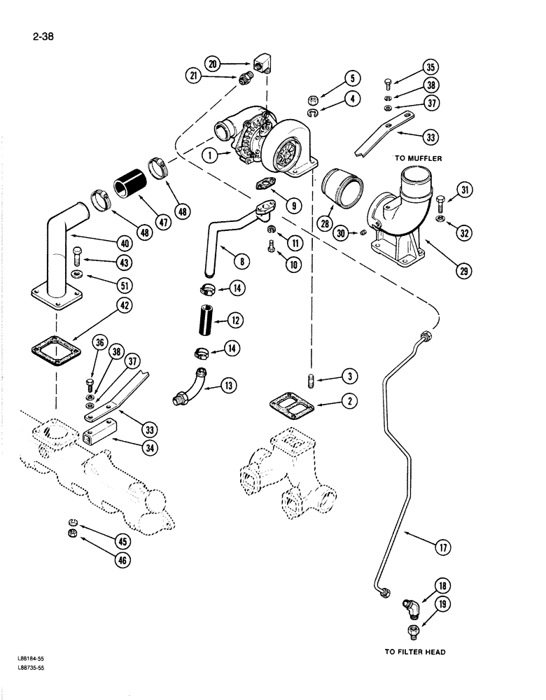 Схема запчастей Case 1187B - (2-38) - TURBOCHARGER SY8TEM, 504BDT ENGINE (02) - ENGINE