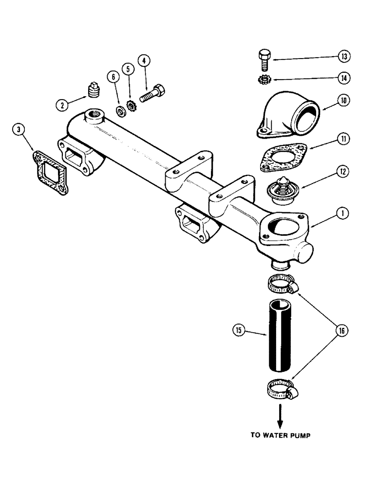 Схема запчастей Case 880 - (002) - WATER MANIFOLD AND THERMOSTAT, 336BDT DIESEL ENGINE (01) - ENGINE