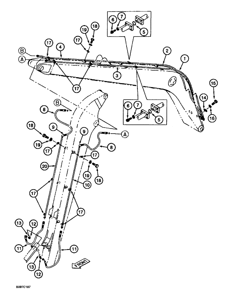 Схема запчастей Case 9030B - (8-076) - BUCKET CYLINDER LINES, 6.4 METER ARM, LONG REACH MODELS (08) - HYDRAULICS