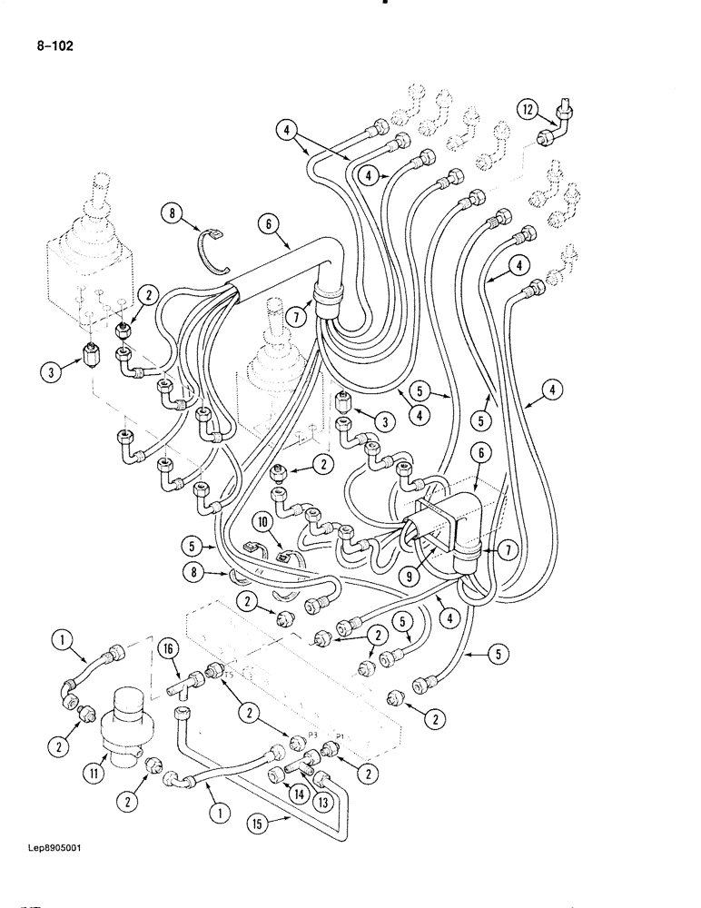 Схема запчастей Case 888 - (8-102) - HYDRAULIC CONTROL CIRCUIT, MANIFOLD TO HAND CONTROL VALVES, P.I.N. FROM 15265 AND AFTER (08) - HYDRAULICS