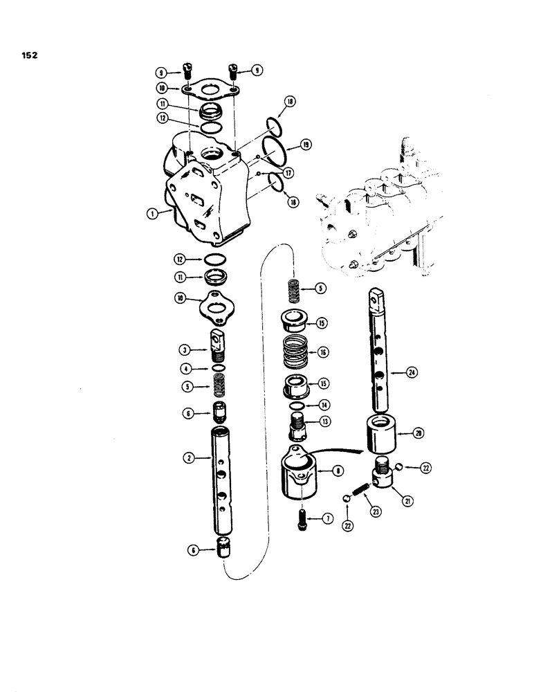 Схема запчастей Case 35 - (152) - 3-POINT HITCH, D52970 AND D57862 CNTRL VALVES - 4 SPOOL D53594 PITCH, & IMPLEMENT SPOOLS 