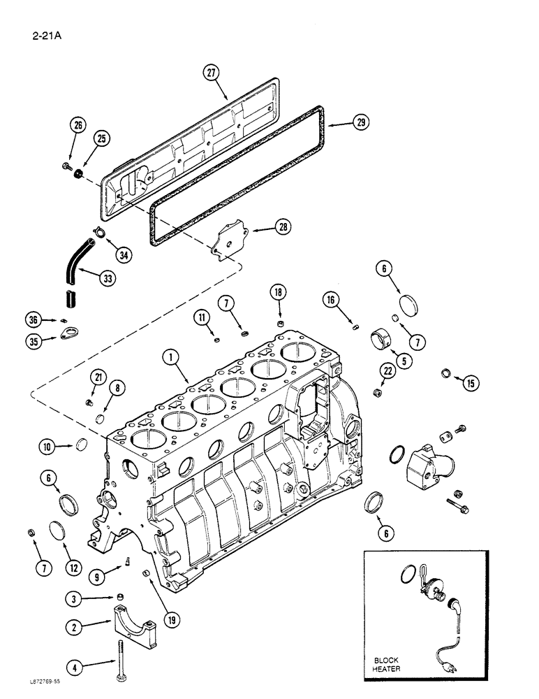 Схема запчастей Case 850D - (2-21[A]) - CYLINDER BLOCK, 6-590 ENGINE (NATURAL ASPIRATED), PRIOR TO ENGINE SERIAL NO. 44511034 (02) - ENGINE