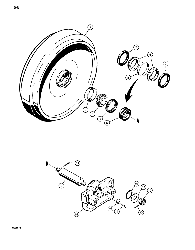 Схема запчастей Case 855D - (5-08) - R45010 IDLER ASSEMBLY (SEE ITEMS 11 & 12 FOR IDENTIFICATION) (11) - TRACKS/STEERING