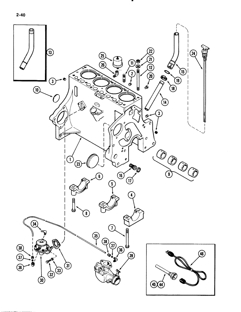 Схема запчастей Case 1835B - (2-40) - CYLINDER BLOCK, 148B SPARK IGNITION ENGINE, FUEL PUMP, BLOCK HEATER (02) - ENGINE