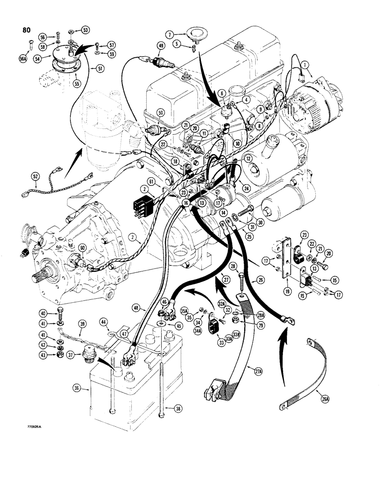 Схема запчастей Case 480C - (080) - ELECTRICAL CIRCUIT, FRONT HARNESS, ALTERNATOR, STARTER AND BATTERY (55) - ELECTRICAL SYSTEMS