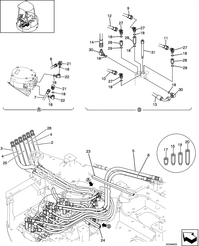 Схема запчастей Case CX25 - (08-04[00]) - HYDRAULIC LINES - UPPER (08) - HYDRAULICS