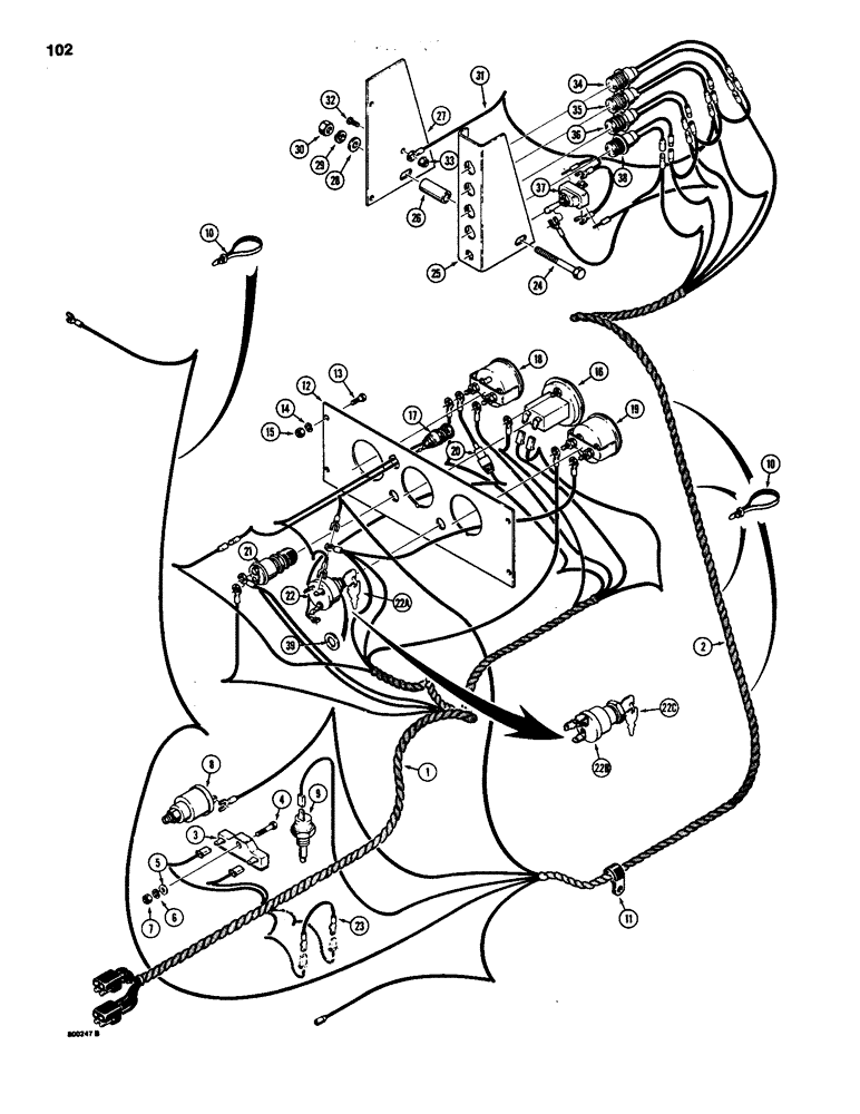 Схема запчастей Case 1835 - (102) - ELECTRICAL SYSTEM, FRONT HARNESS, GAUGES, AND SWITCHES (04) - ELECTRICAL SYSTEMS