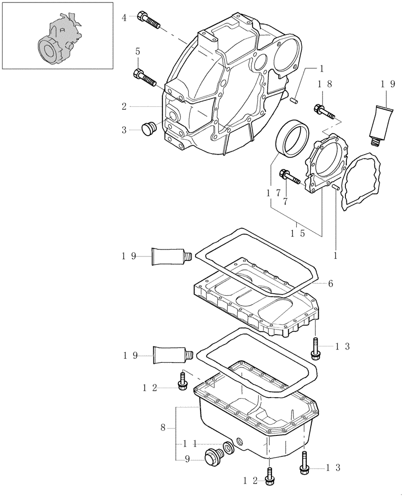 Схема запчастей Case CX20B - (0.042[01]) - FLYWHEEL HOUSING & OIL SUMP (10) - ENGINE