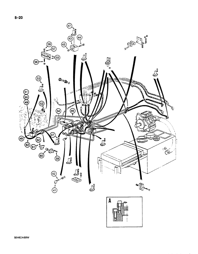 Схема запчастей Case 125B - (8-020) - HYDRAULIC PUMP LINES, P.I.N. 74401 THROUGH 74427, 74429, 74434, AND 74442 THROUGH 74445 (08) - HYDRAULICS