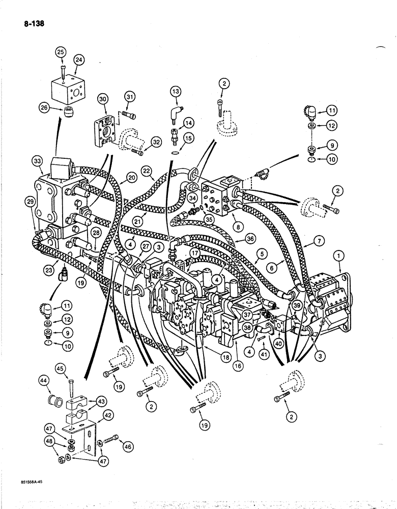 Схема запчастей Case 170B - (8-138) - HYDRAULIC PUMP LINES, HYDRAULIC PUMP TO MAIN CONTROL VALVES, P.I.N. 74353 AND 74361 THRU 74456 (08) - HYDRAULICS