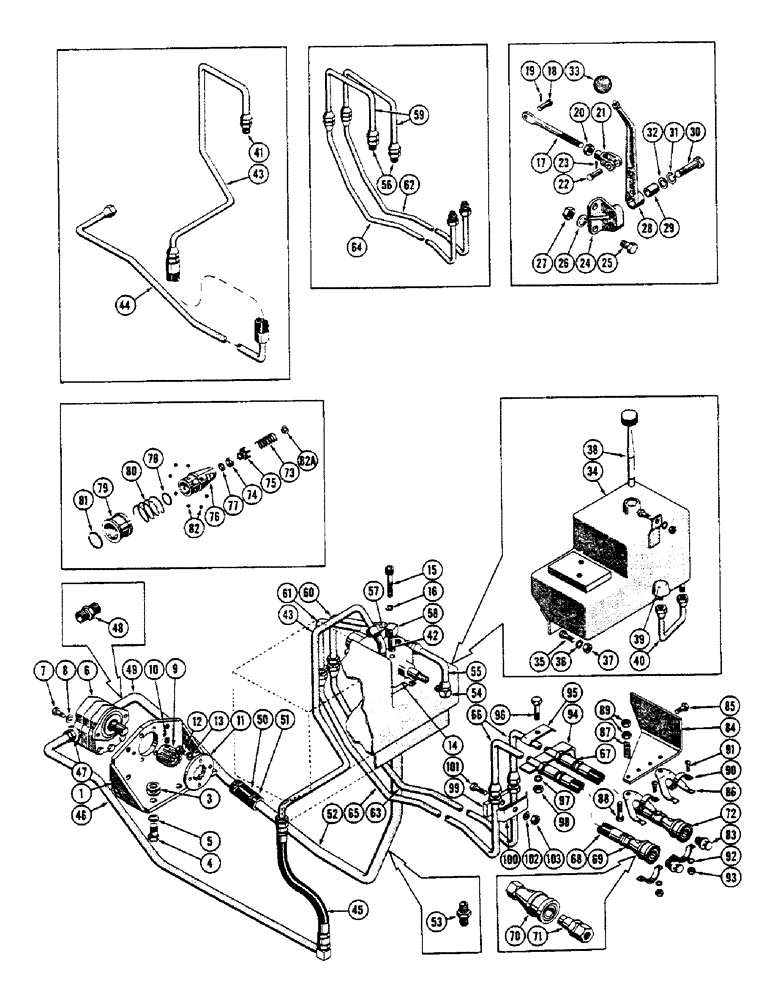 Схема запчастей Case 600 - (224) - SINGLE PULL-BEHIND INSTALLATION, VALVE, LEVERS, PUMP, TUBES, HOSES, FITTINGS (UP TO S/N 7060799) (05) - UPPERSTRUCTURE CHASSIS