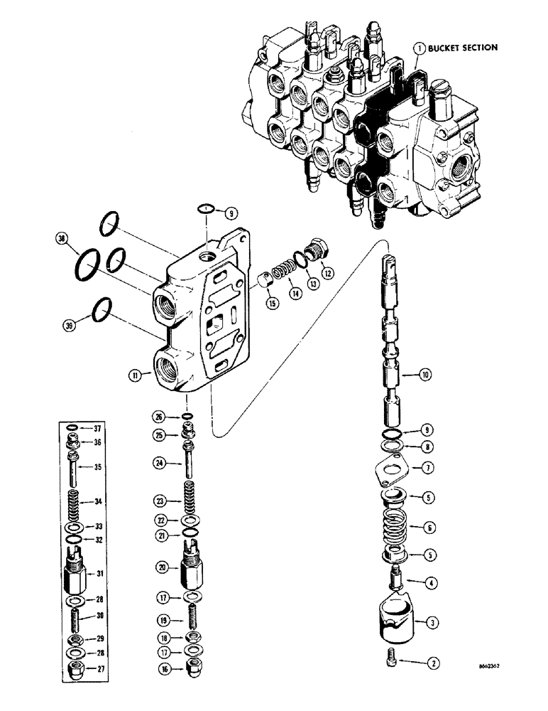 Схема запчастей Case 23 - (082) - D34207 BACKHOE BUCKET SECTION EARLY PRODUCTION CROWD SECTION 