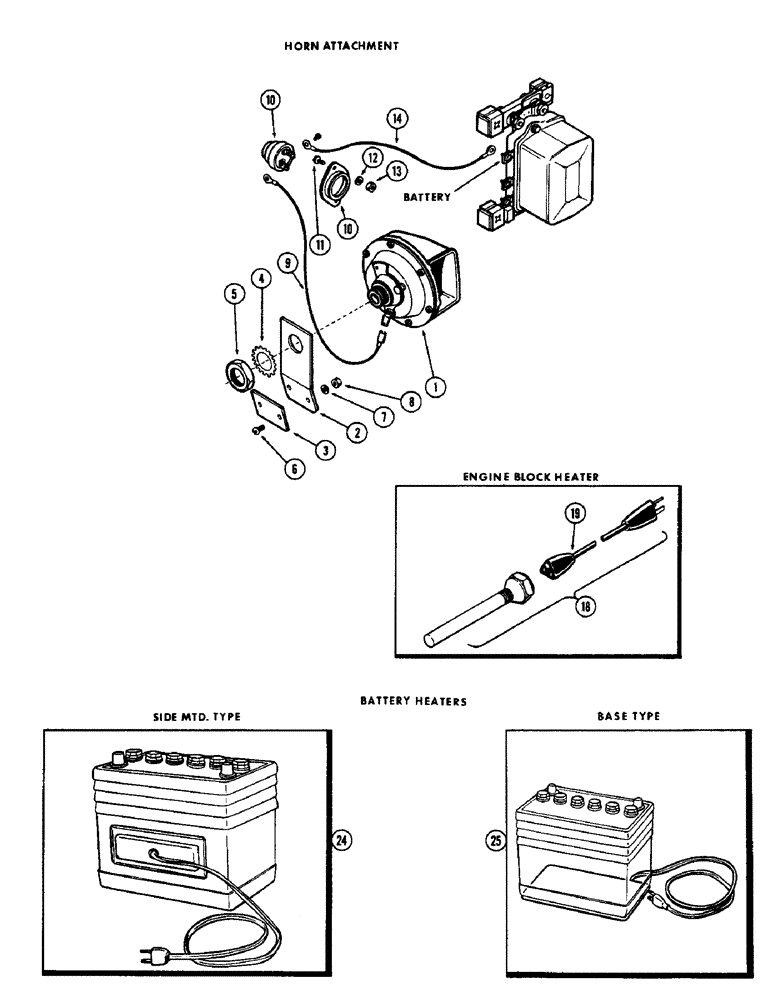 Схема запчастей Case 580 - (078) - HORN, BLOCK HEATER, BATTERY HEATER (55) - ELECTRICAL SYSTEMS