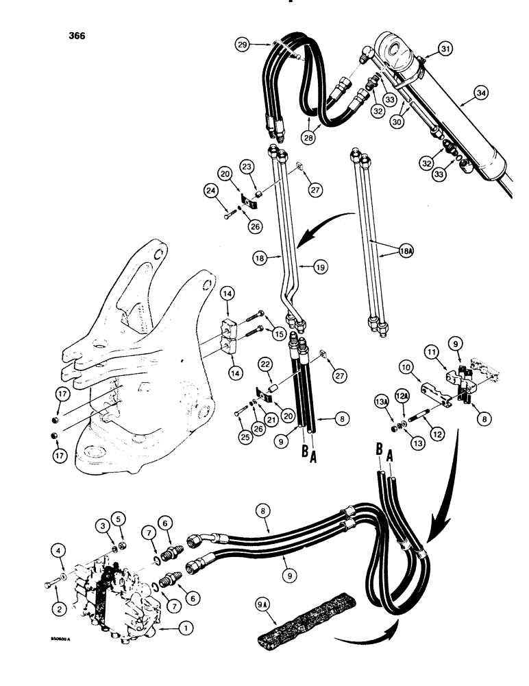 Схема запчастей Case 580E - (366) - BACKHOE BUCKET CYL HYD CIRCUIT,MODEL W/O EXTENDABLE DIPPER MODEL W/2BOOM MOUNTING PIN AT SWING TOWER (08) - HYDRAULICS