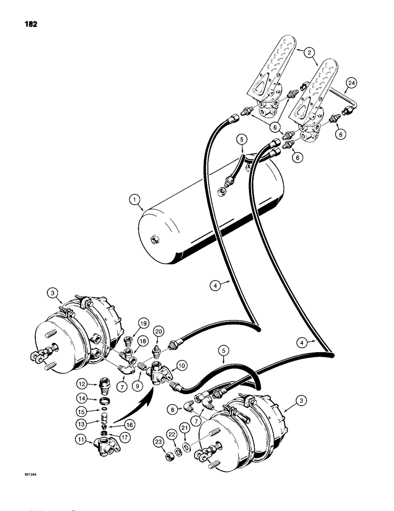 Схема запчастей Case 680H - (182) - BRAKE SYSTEM, RESERVOIR TO BRAKE TREADLES, QUICK RELEASE VALVE AND BRAKE ACTUATOR (07) - BRAKES