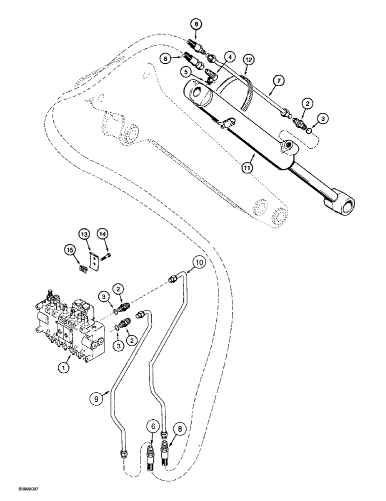 Схема запчастей Case 560 - (8-081A) - BACKHOE BUCKET CYLINDER HYDRAULIC CIRCUIT, D125 BACKHOE, BACKHOE SERIAL NUMBER JAF0218189 AND AFTER (08) - HYDRAULICS