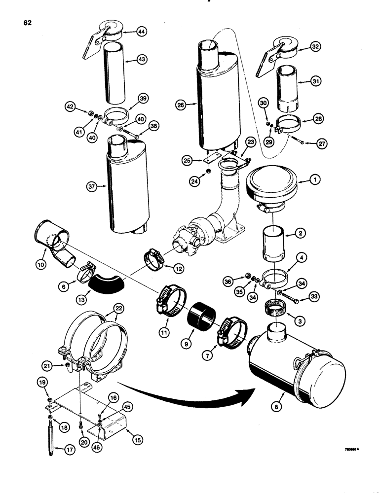 Схема запчастей Case 1150C - (062) - AIR CLEANER AND MUFFLER MOUNTING, DOZER MODELS WITH TURBOCHARGER (02) - ENGINE