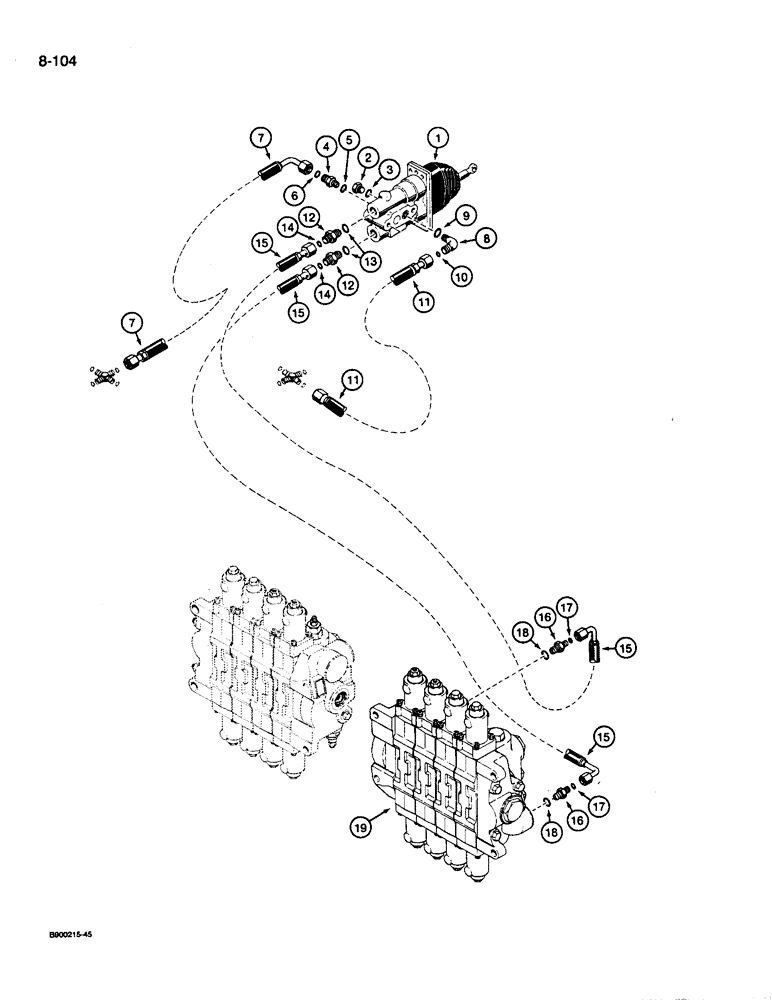 Схема запчастей Case 1085C - (8-104) - HYDRAULIC FOOT CONTROL CIRCUIT, LEFT-HAND FOOT CONTROL VALVE TO ARM AND SWING CONTROL VALVE (08) - HYDRAULICS