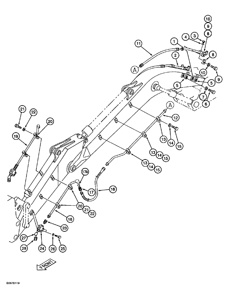 Схема запчастей Case 9030B - (8-104) - AUXILIARY EQUIPMENT OPTION, SUPPLY AND CYLINDER LINES, 2.4 METER ARM (08) - HYDRAULICS