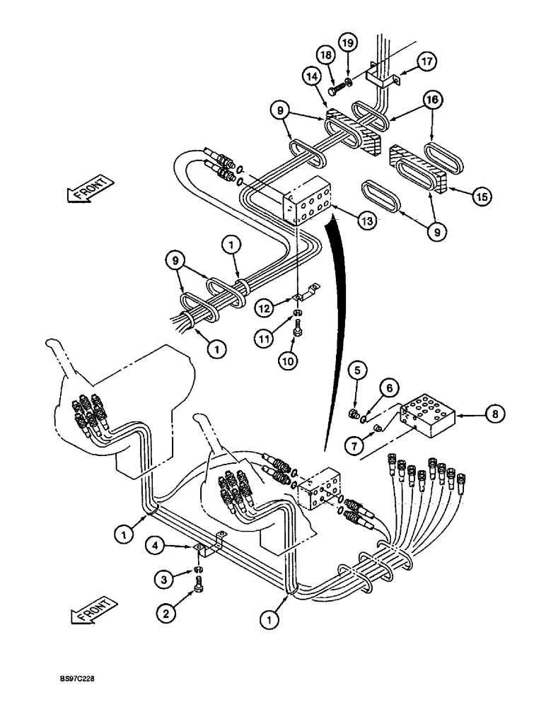 Схема запчастей Case 9030B - (8-024) - SHUTTLE VALVE AND PEDAL CONTROL HOSE SUPPORTS (08) - HYDRAULICS