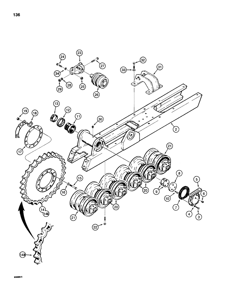 Схема запчастей Case 1150D - (136) - TRACK FRAME, SPROCKET, AND ROLLERS, DRAWBAR MODELS AND 62" GUAGE STANDARD DOZER MODELS (11) - TRACKS/STEERING