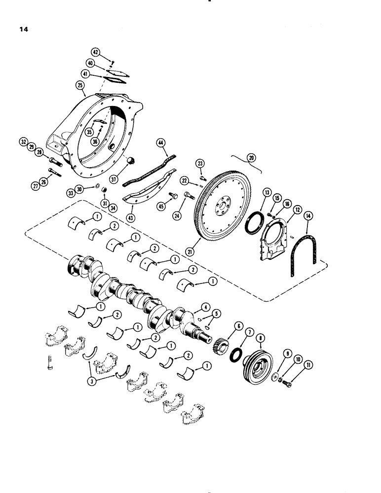 Схема запчастей Case 1150 - (014) - CRANKSHAFT AND FLYWHEEL, (401) DIESEL ENGINE, USED PRIOR TO ENG. SN 2306516 (01) - ENGINE