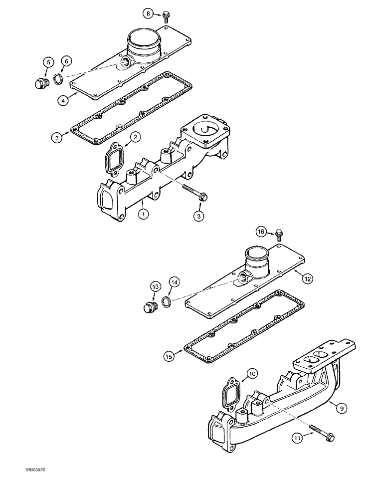 Схема запчастей Case 550G - (2-26) - MANIFOLDS, EXHAUST AND INTAKE, 4-390 AND 4T-390 ENGINE, PRIOR TO CRAWLER P.I.N. JJG0255794 AND AFTER (01) - ENGINE