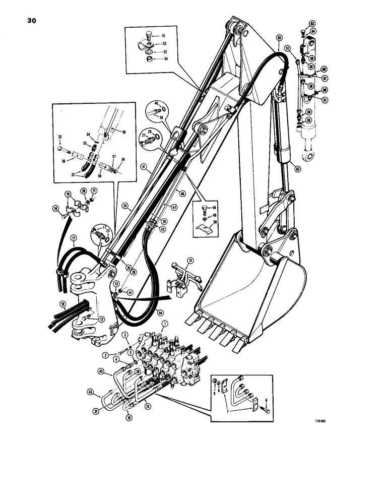 Схема запчастей Case 26B - (030) - BOOM, DIPPER AND BUCKET CYLINDER HYDRAULICS, BEFORE BACKHOE SERIAL NUMBER 5220152 