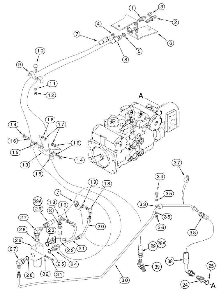 Схема запчастей Case 95XT - (08-09) - HYDRAULICS, COUPLER SYSTEM, GEAR PUMP TO HOSE MOUNTING BRACKET (N.A. -JAF0311356 / EUR. -JAF0274359) (08) - HYDRAULICS