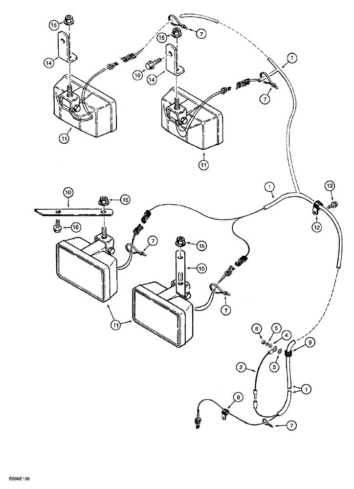 Схема запчастей Case 850G - (4-16) - LAMPS AND WIRING - MODELS WITH ROPS CANOPY, WITH OR WITHOUT SCREEN (06) - ELECTRICAL SYSTEMS