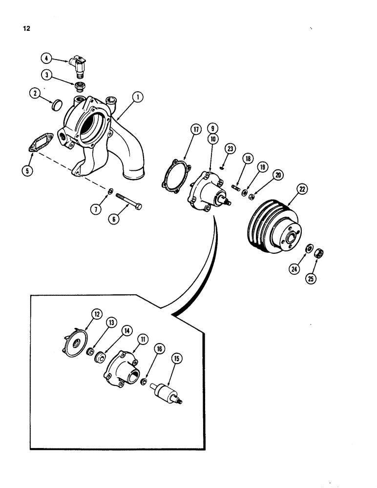 Схема запчастей Case W18 - (012) - WATER PUMP, WITH KEYWAY SHAFT, 401BD AND 401BDT DIESEL ENGINE (02) - ENGINE