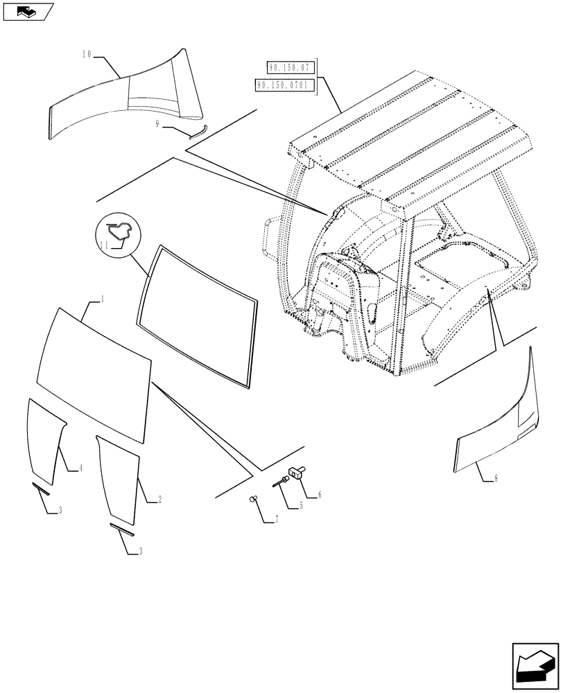 Схема запчастей Case 590SN - (90.156.11) - VAR - 747854 - CANOPY, ROPS - GLASS (90) - PLATFORM, CAB, BODYWORK AND DECALS