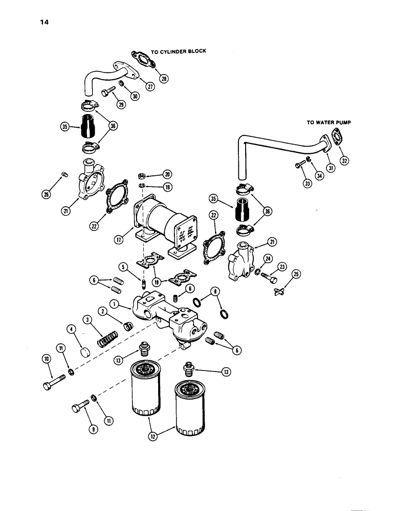 Схема запчастей Case 1450 - (014) - OIL FILTER AND COOLER, 504BDT DIESEL ENGINE, 1ST USED ENGINE SN 10095016 (02) - ENGINE