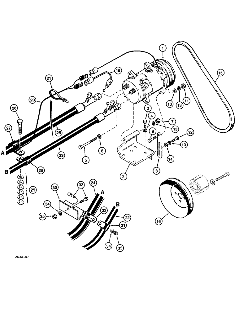 Схема запчастей Case 1155E - (9-124) - AIR CONDITIONING SYSTEM - COMPRESSOR AND CONNECTIONS, DZR MODELS W/ 6-590 ENG & LOADER MODELS (09) - CHASSIS/ATTACHMENTS