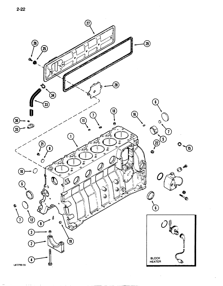 Схема запчастей Case 855D - (2-22) - CYLINDER BLOCK, 6-590 ENGINE (NATURAL ASPIRATED), ENGINE SERIAL NO. 44511034 AND AFTER (02) - ENGINE