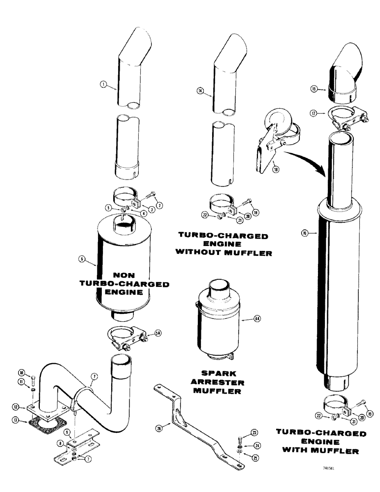 Схема запчастей Case 780 - (014) - MUFFLER AND EXHAUST SYSTEM, USED ON MODELS WITHOUT TURBO CHARGE ENG (02) - ENGINE