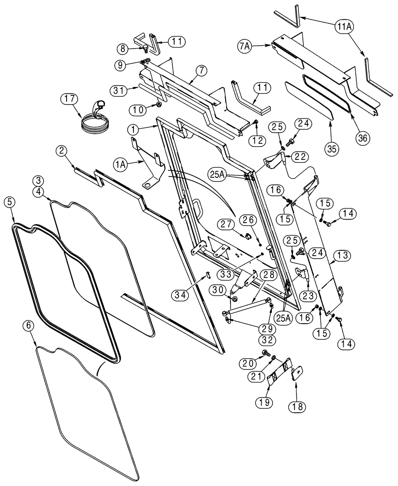 Схема запчастей Case 90XT - (09-44) - DOOR, FRONT WINDSHIELD, NORTH AMERICAN MODELS -JAF0320049, EUROPEAN MODELS -JAF0274261 (09) - CHASSIS