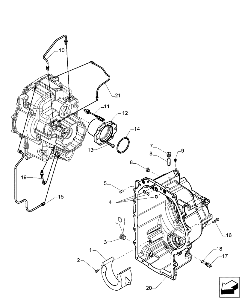 Схема запчастей Case 580SM - (21.113.01[02]) - TRANSMISSION, 4WD POWERSHIFT (580SM/SM+) - HOUSING, REAR & THERMOSTAT (21) - TRANSMISSION