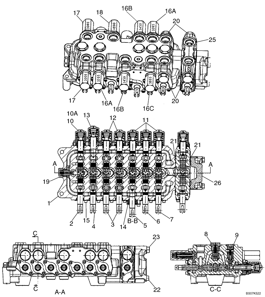 Схема запчастей Case 580M - (08-35) - VALVE ASSY - BACKHOE CONTROL, 8 SPOOL (W/ EXT DIPPER, W/ AUX HYDS, W/O PILOT CONTROLS) (08) - HYDRAULICS