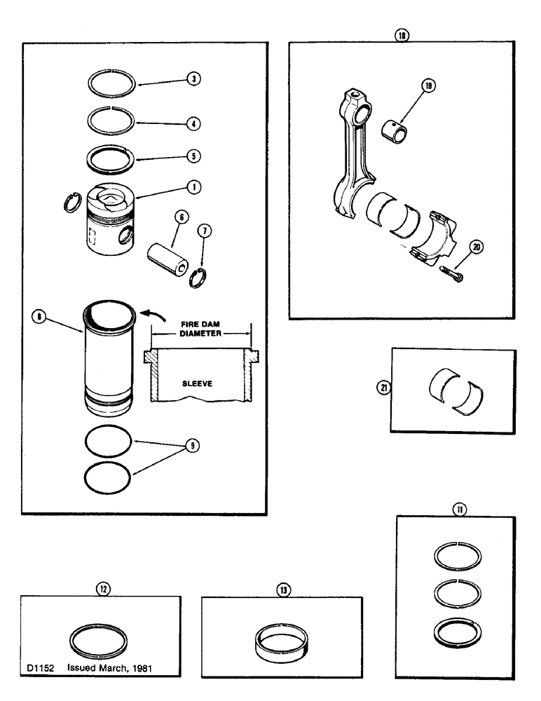 Схема запчастей Case 800 - (039C) - PISTONS AND SLEEVES, WITH 5.092 INCH TO 5.097 INCH FIRE DAM DIAMETER SLEEVE, (336BD) DIESEL ENGINE (01) - ENGINE